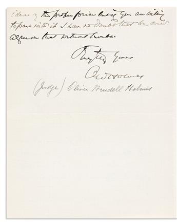 HOLMES, OLIVER WENDELL; JR. Autograph Letter Signed, OWHolmes, to Dear Mrs. Anthony,